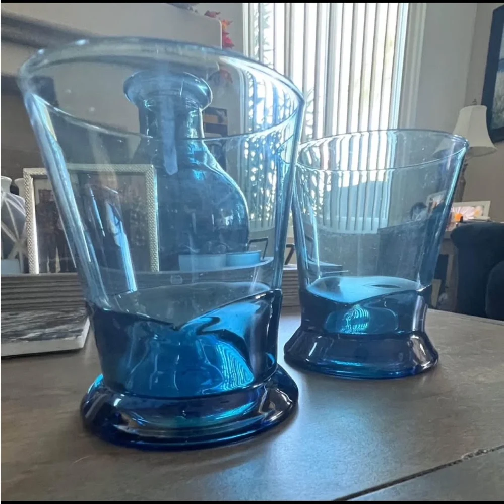 PIER 1. Set of Two Blue Wavy Glass Candle Holders. Holds 1” and Tealight Candles